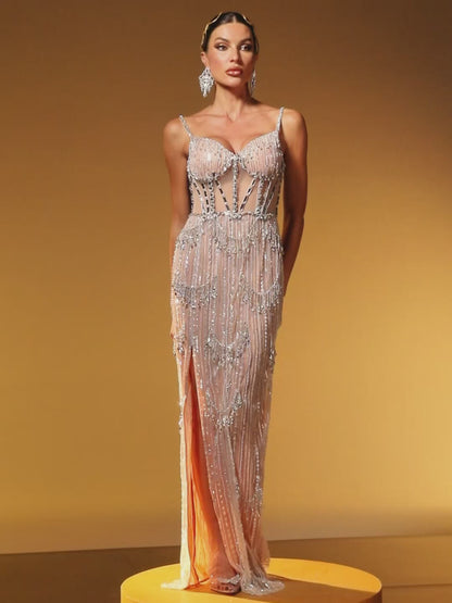 Haldrex Spaghetti Embellished Split Maxi Dress