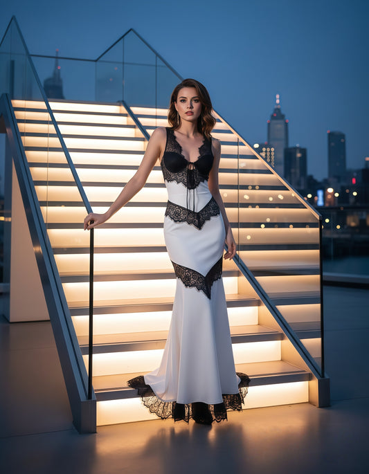 Women's Lace Panel Lace-Up Evening Gown, Elegant Sexy Bodycon Prom Party Dress