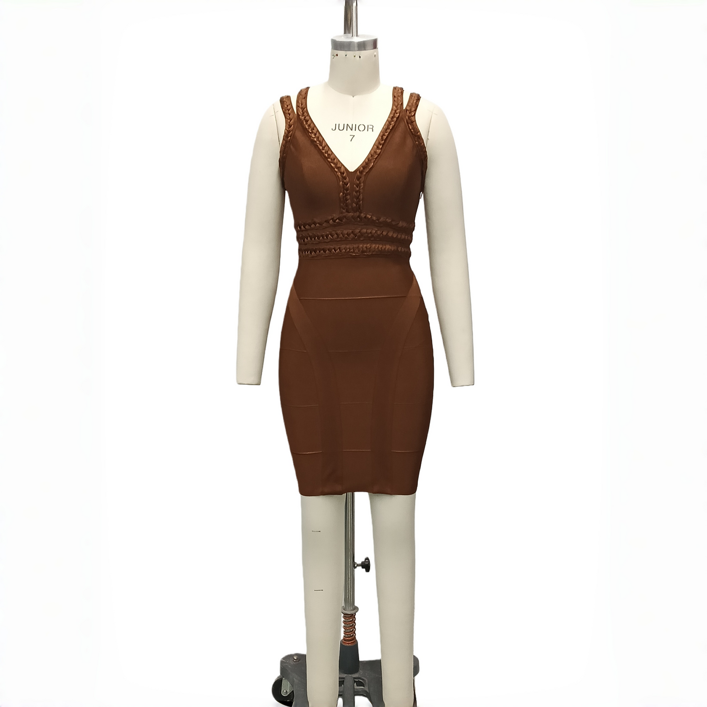 Brown Lustrous Woven V-Neck Bandage Dress, Luxury Slim Fit Bodycon Skirt