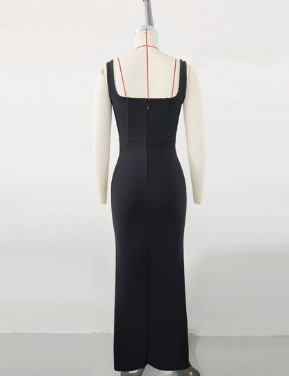 Rhinestone Floral Spaghetti Strap Long Bandage Dress
