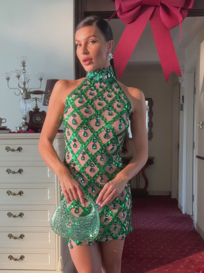 Liora Sequin Crystal Mini Dress In Green