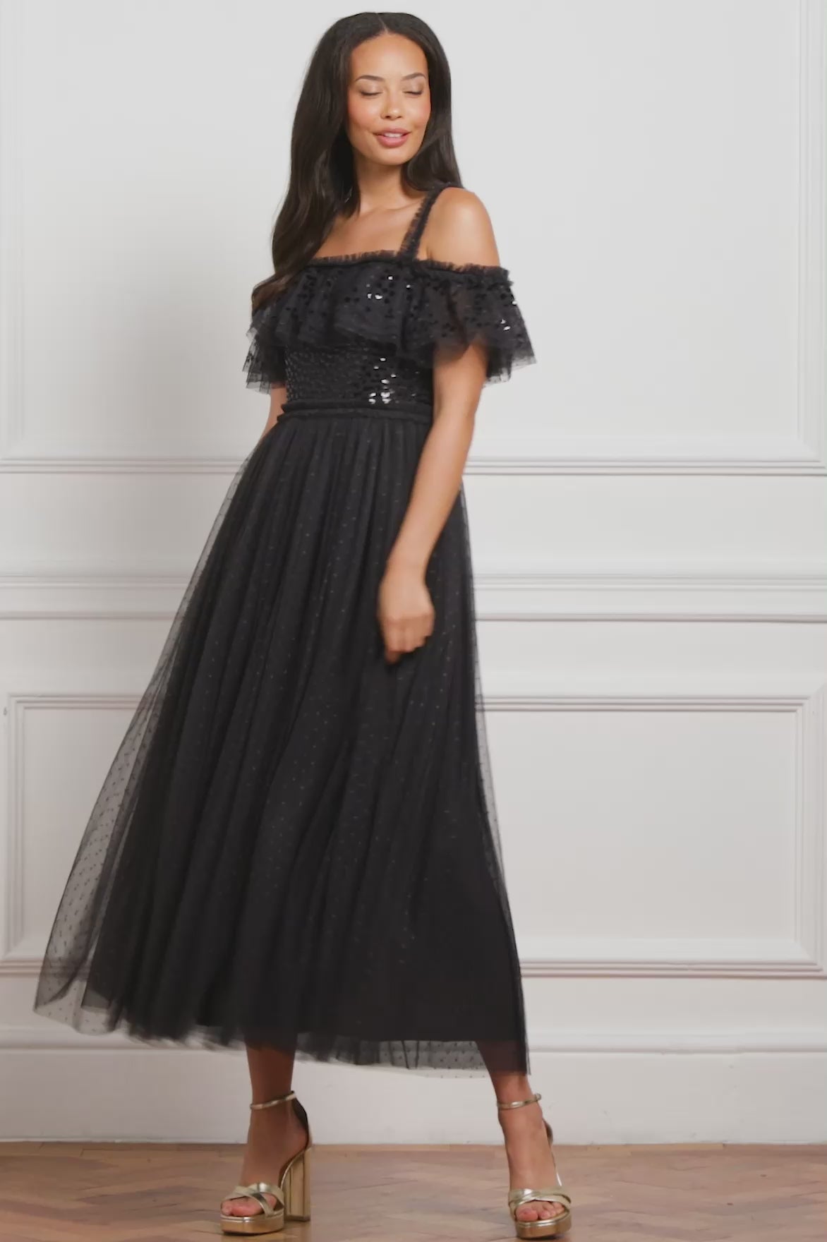 Dappled Sequin Bodice Off-Shoulder Ankle Gown