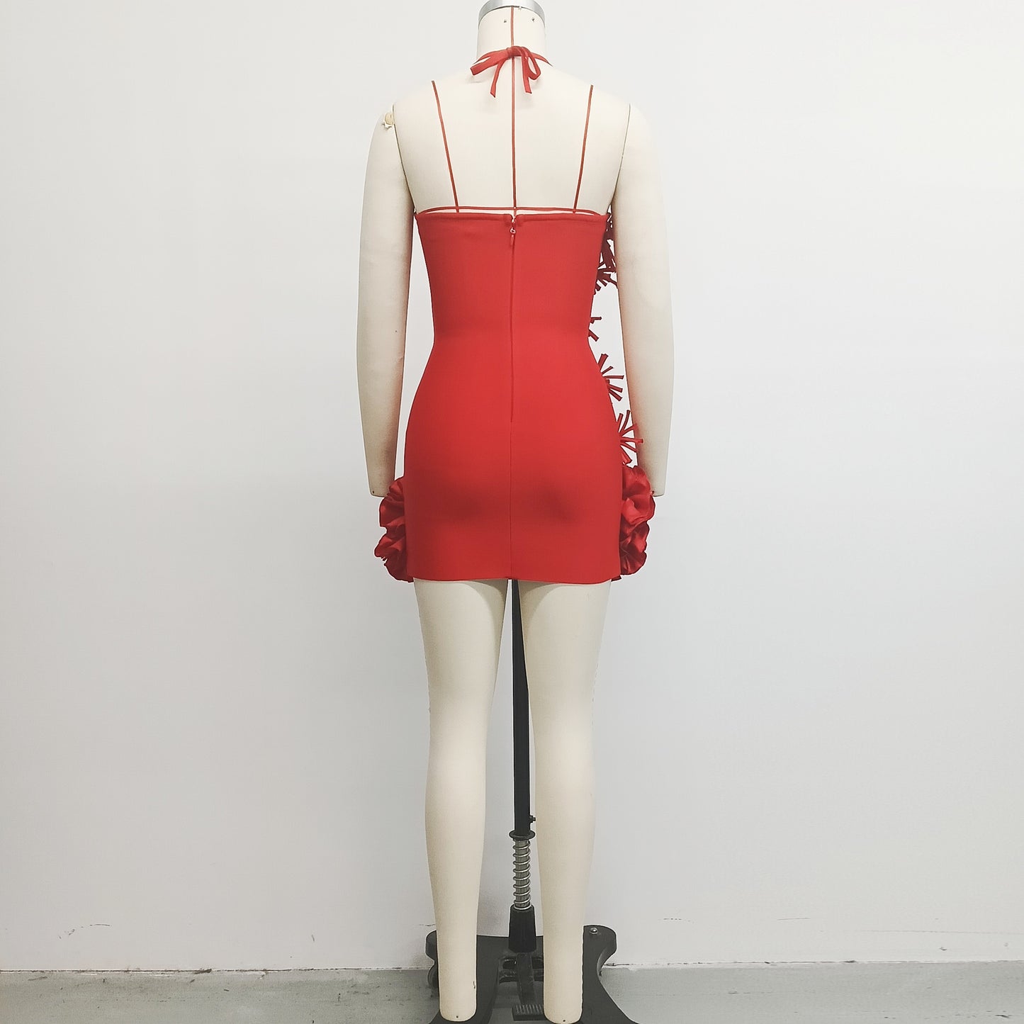 Red Halter Top Dress with 3D Floral, Short Bandage Vacation Evening Gown