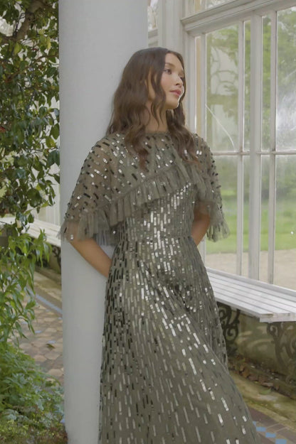 Sequin Dash Cape Ankle Gown