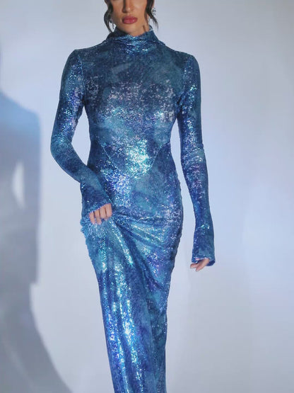 Nebraska Ombre Long Sleeve Hooded Maxi Dress In Sapphire