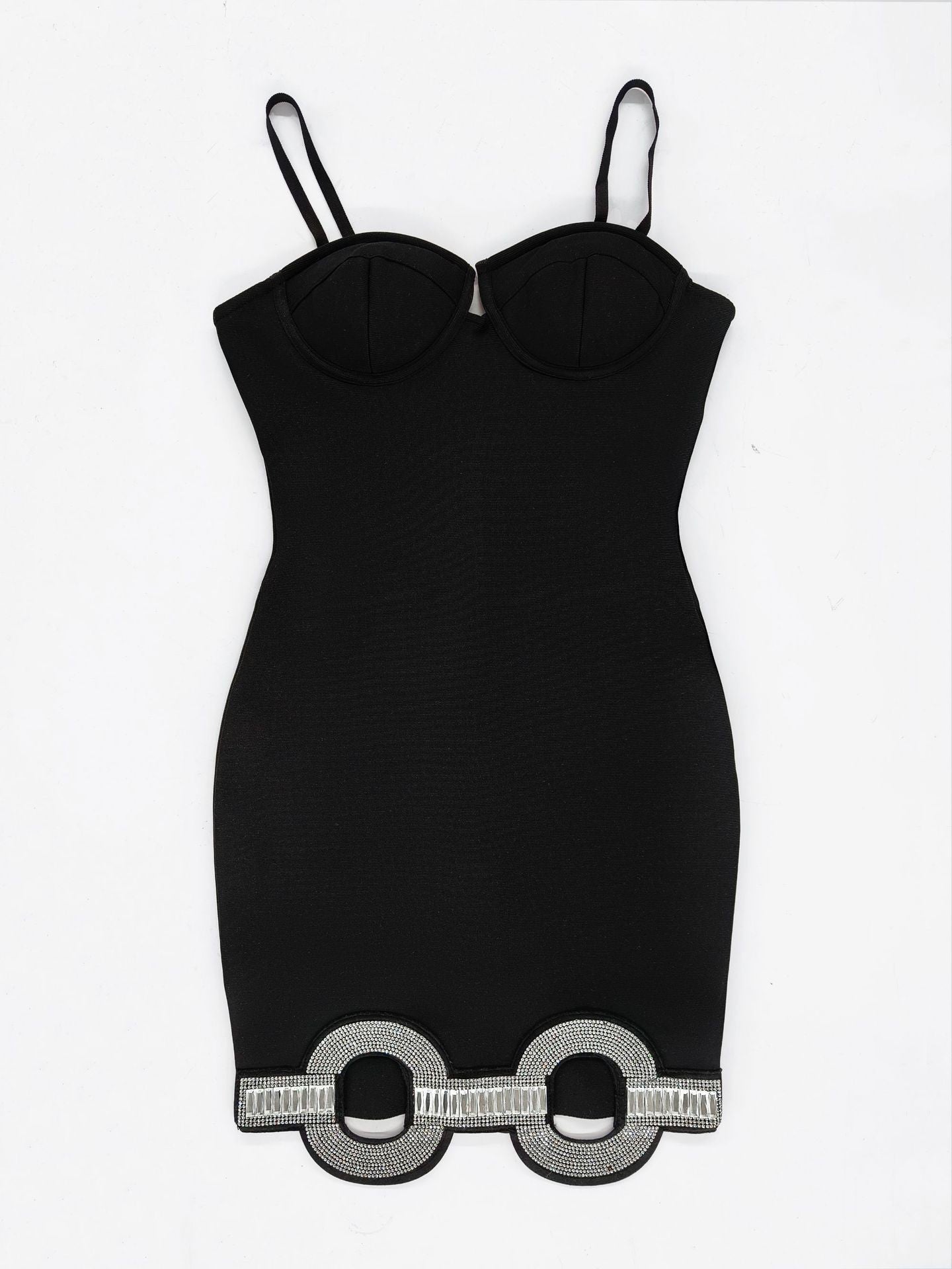 Black Spaghetti Strap Double Loop Rhinestone Bandage Dress