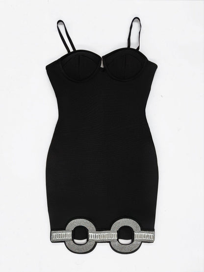 Black Spaghetti Strap Double Loop Rhinestone Bandage Dress