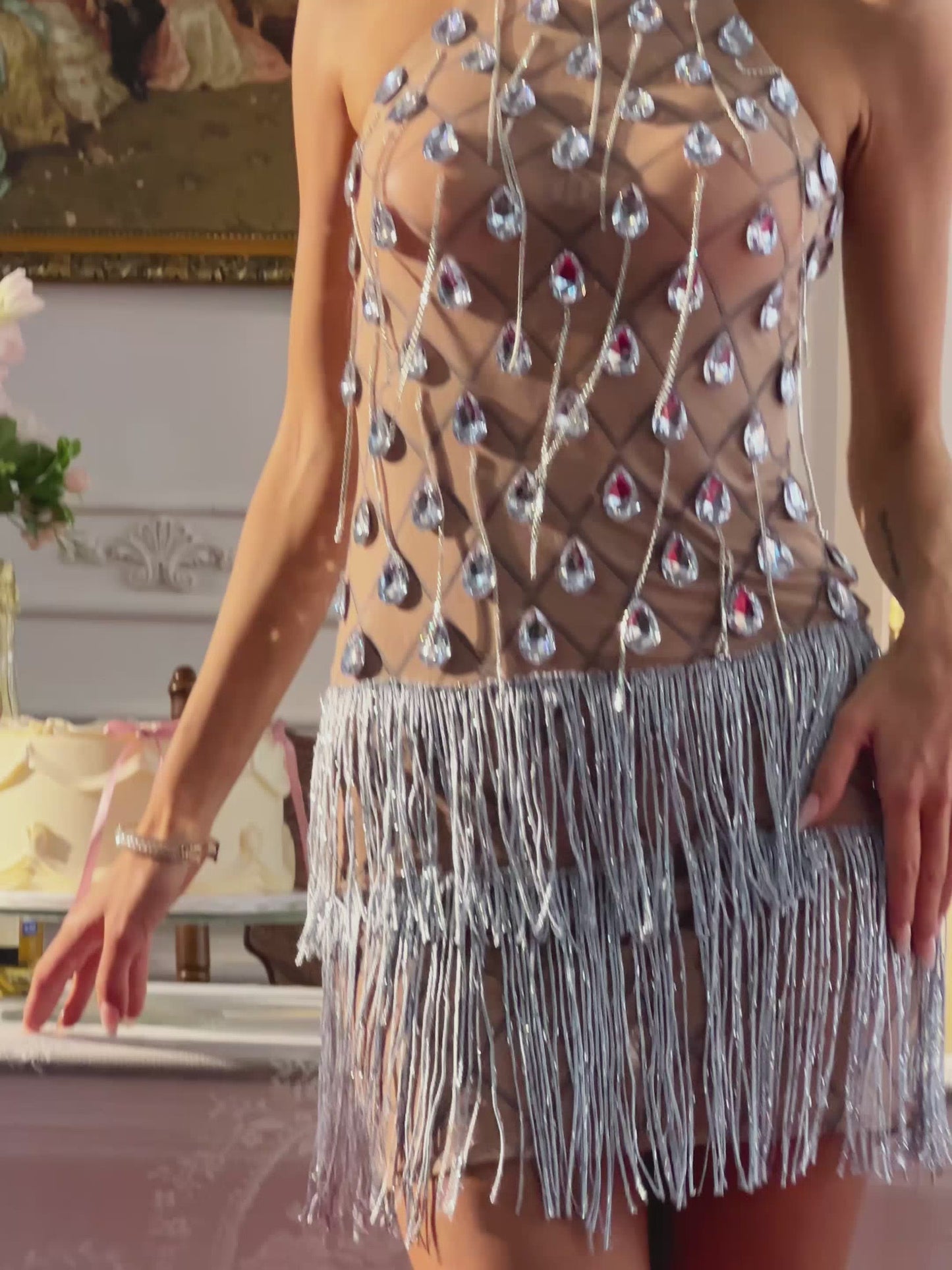 Shaelie Halterneck Rhinestone Fringe Mini Dress