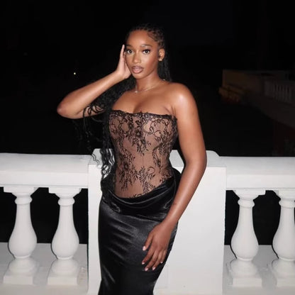 Strapless Lace Layered Waist Bandage Dress