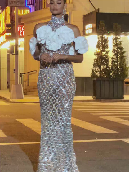 Liora Flower Sequin Crystal Maxi Dress