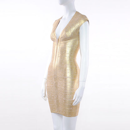 Gold V-Neck Bandage Dress, Sexy Hot Girl Evening Wear