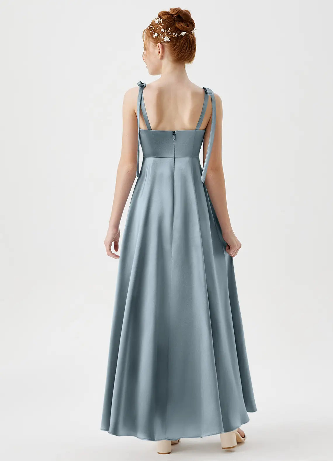Dusty Blue A-Line Sweetheart Neckline Metallic Satin Dress