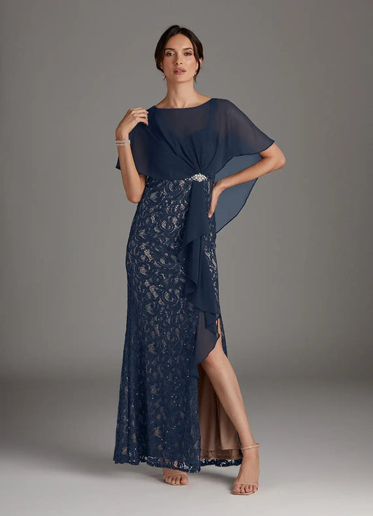 Dark Navy Taupe Sheath Sequins Chiffon Dress