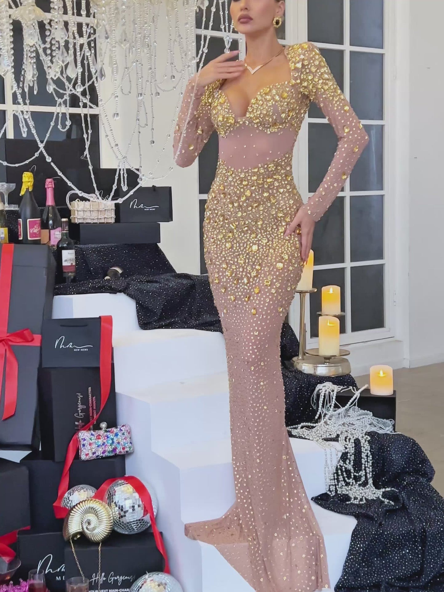 Aocoa Long Sleeve Rhinestone Maxi Dress