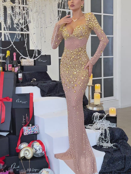 Aocoa Long Sleeve Rhinestone Maxi Dress