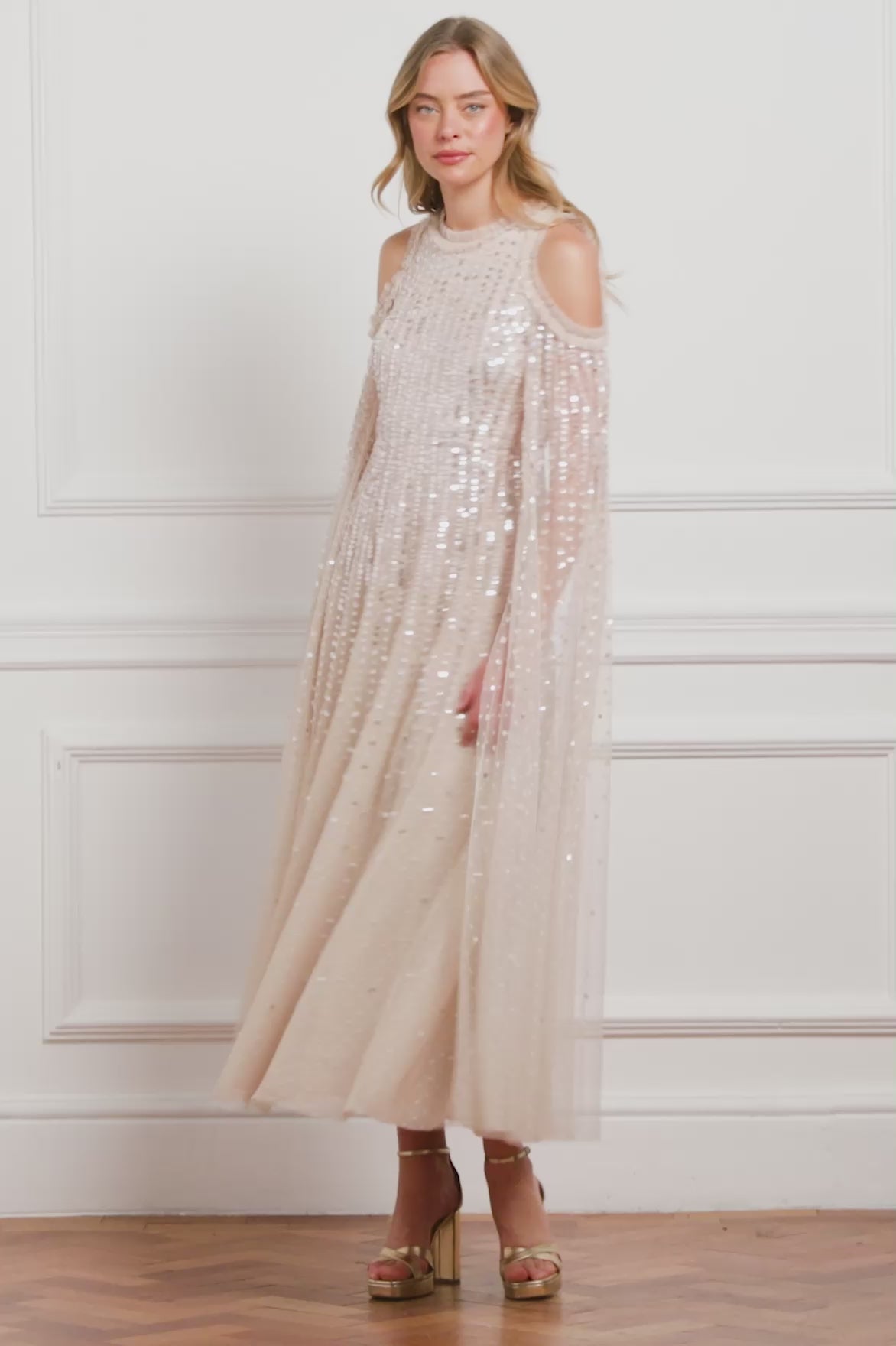 Moonlight Sequin Cape Sleeve Ankle Gown