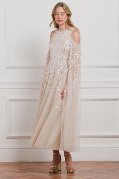 Moonlight Sequin Cape Sleeve Ankle Gown