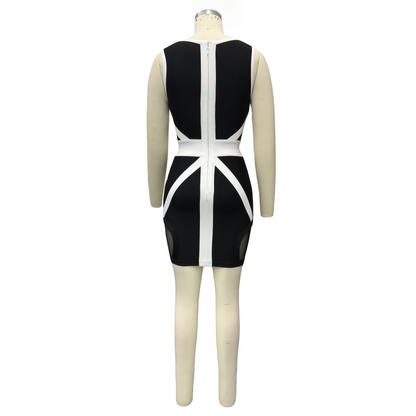 Black and White Color Block Mesh Panel Bandage Dress