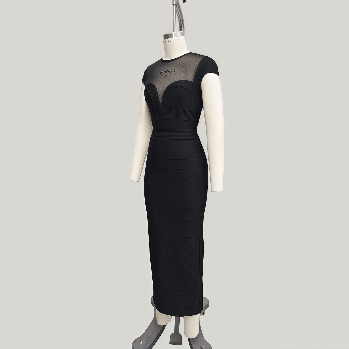 Cap-Sleeve Sheer Mesh Bandage Maxi Dress