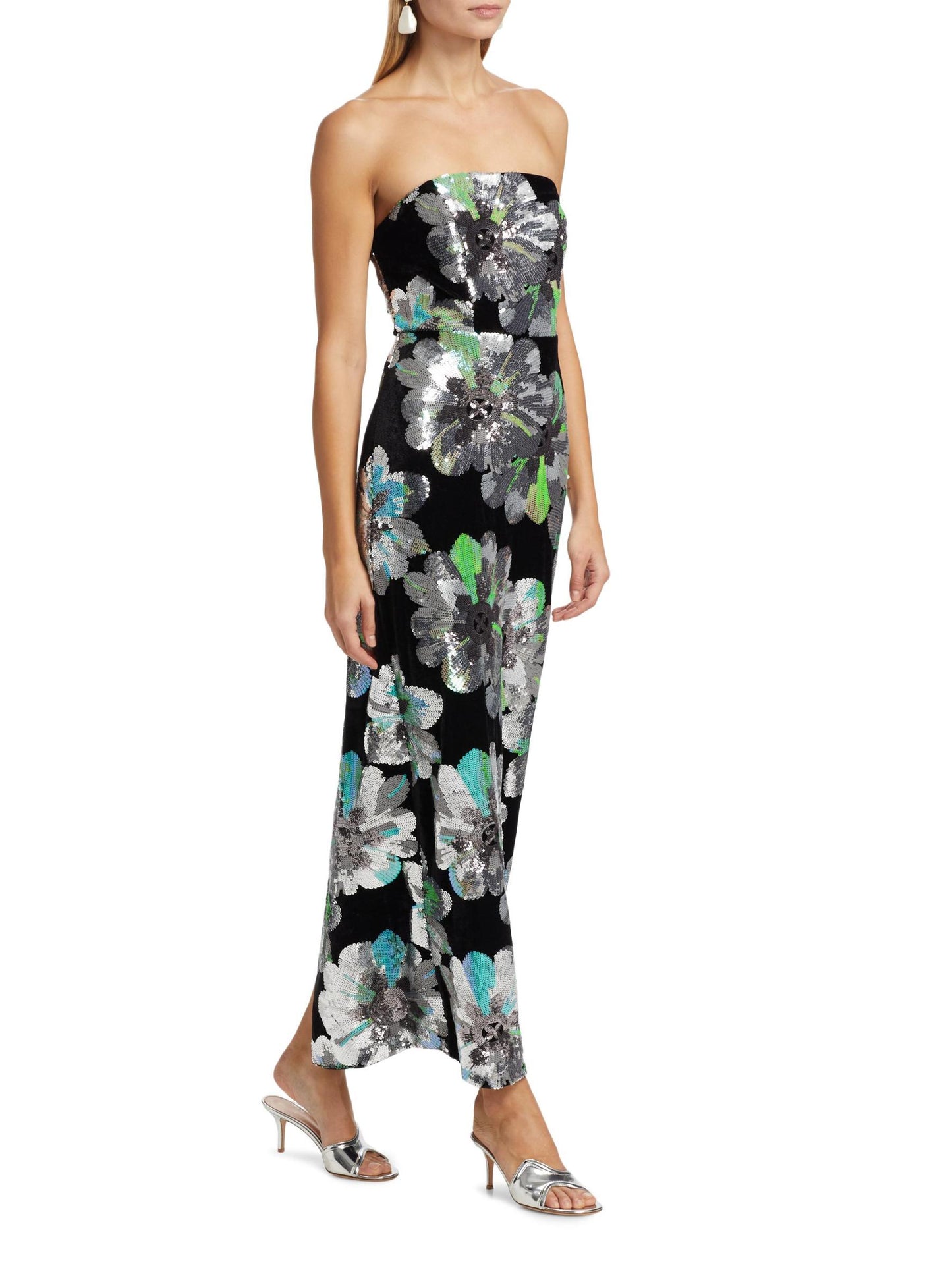 Orion Sequin-Embellished Floral Velvet Strapless Maxi Dress