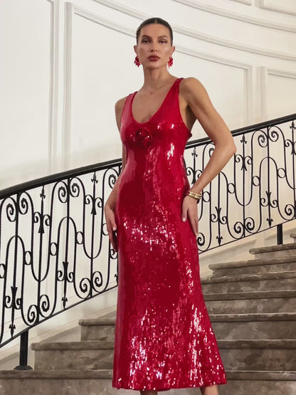 Radana Plunge Neck Flower Sequin Dress In Red