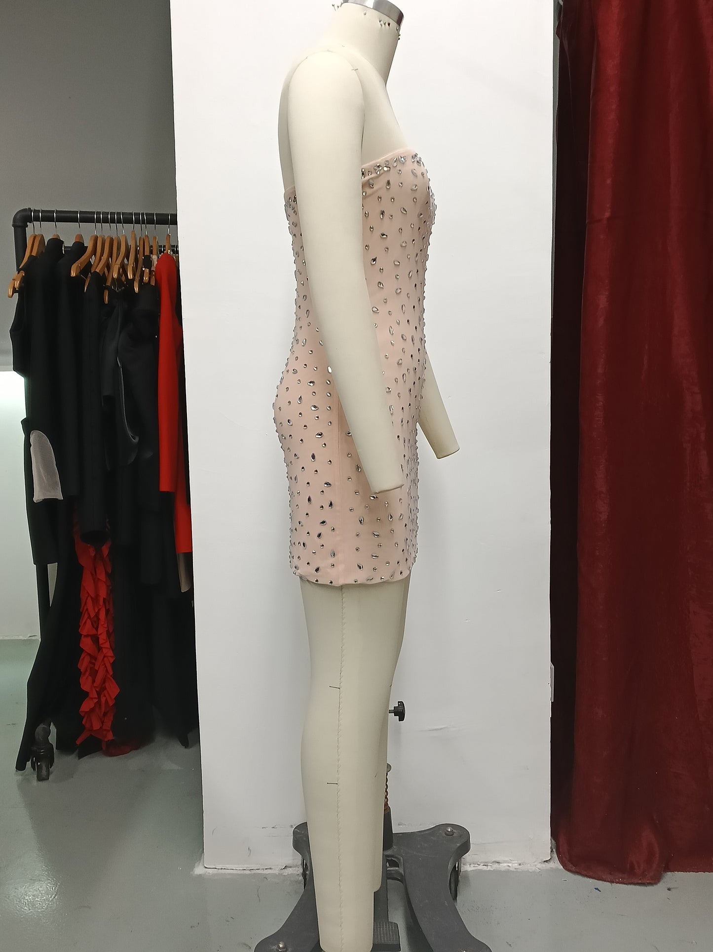 Women's Mesh Rhinestone Strapless Dress, Elegant Sparkly Bodycon Party Dress