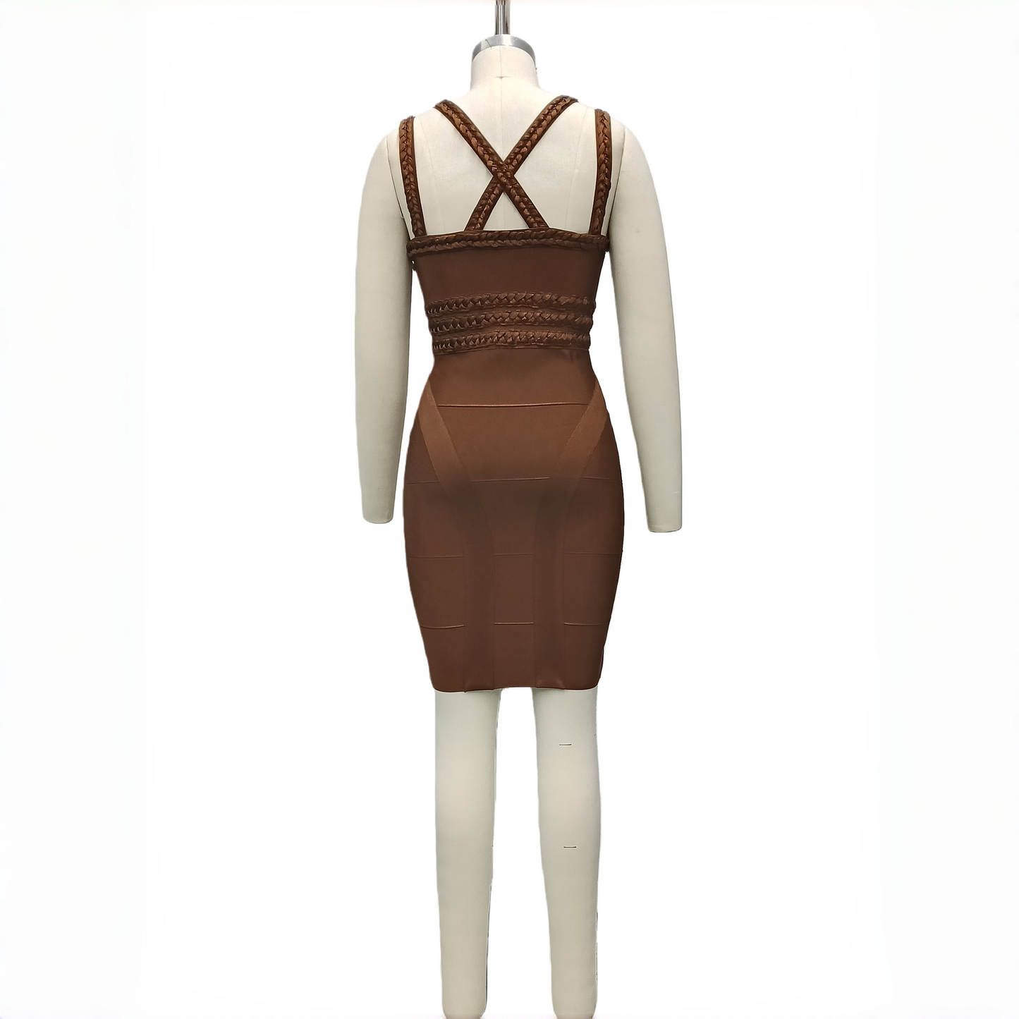 Brown Lustrous Woven V-Neck Bandage Dress, Luxury Slim Fit Bodycon Skirt