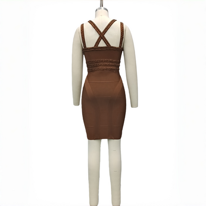 Brown Lustrous Woven V-Neck Bandage Dress, Luxury Slim Fit Bodycon Skirt