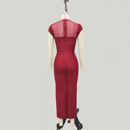 Cap-Sleeve Sheer Mesh Bandage Maxi Dress