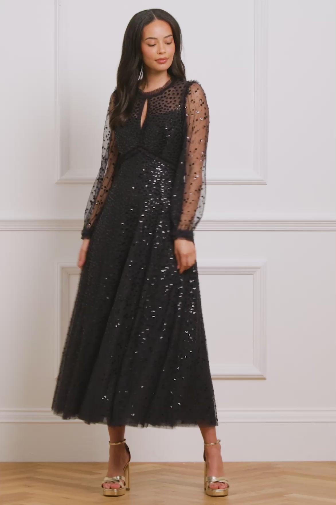 Dappled Sequin Long Sleeve Ankle Gown