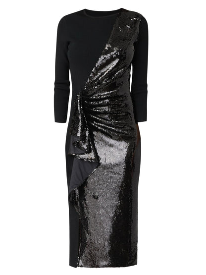 Dela Sequin Ruffle Three-Quarter Sleeve Midi-Dress