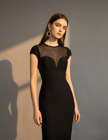 Cap-Sleeve Sheer Mesh Bandage Maxi Dress