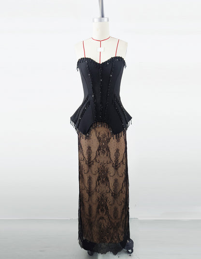 Women's Black Crystal Lace Two-Piece Set, Elegant Sexy Party Outfit