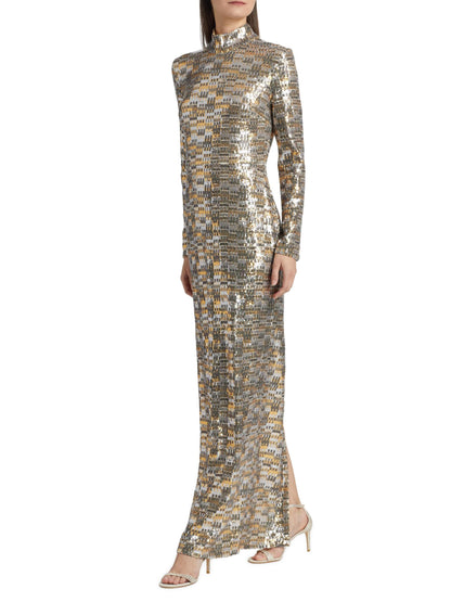 Bauhaus Mesh Sequin Turtleneck Maxi Dress