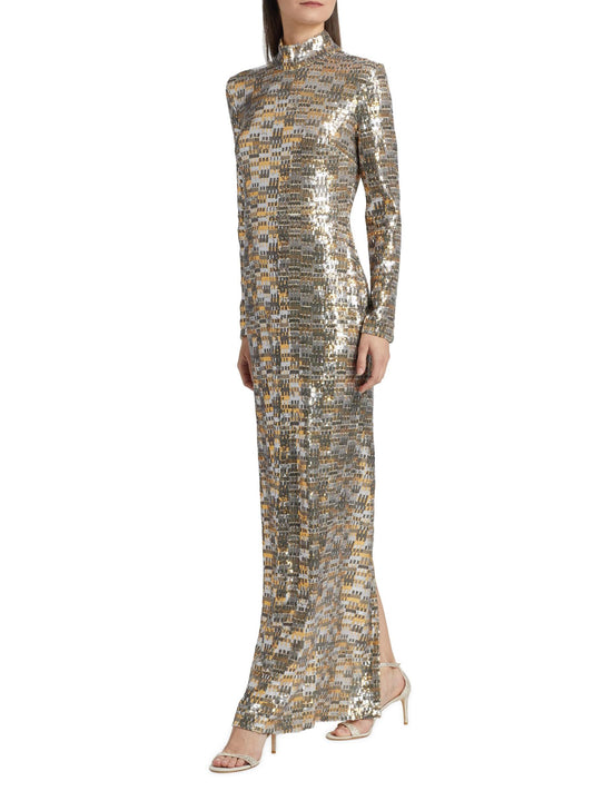 Bauhaus Mesh Sequin Turtleneck Maxi Dress