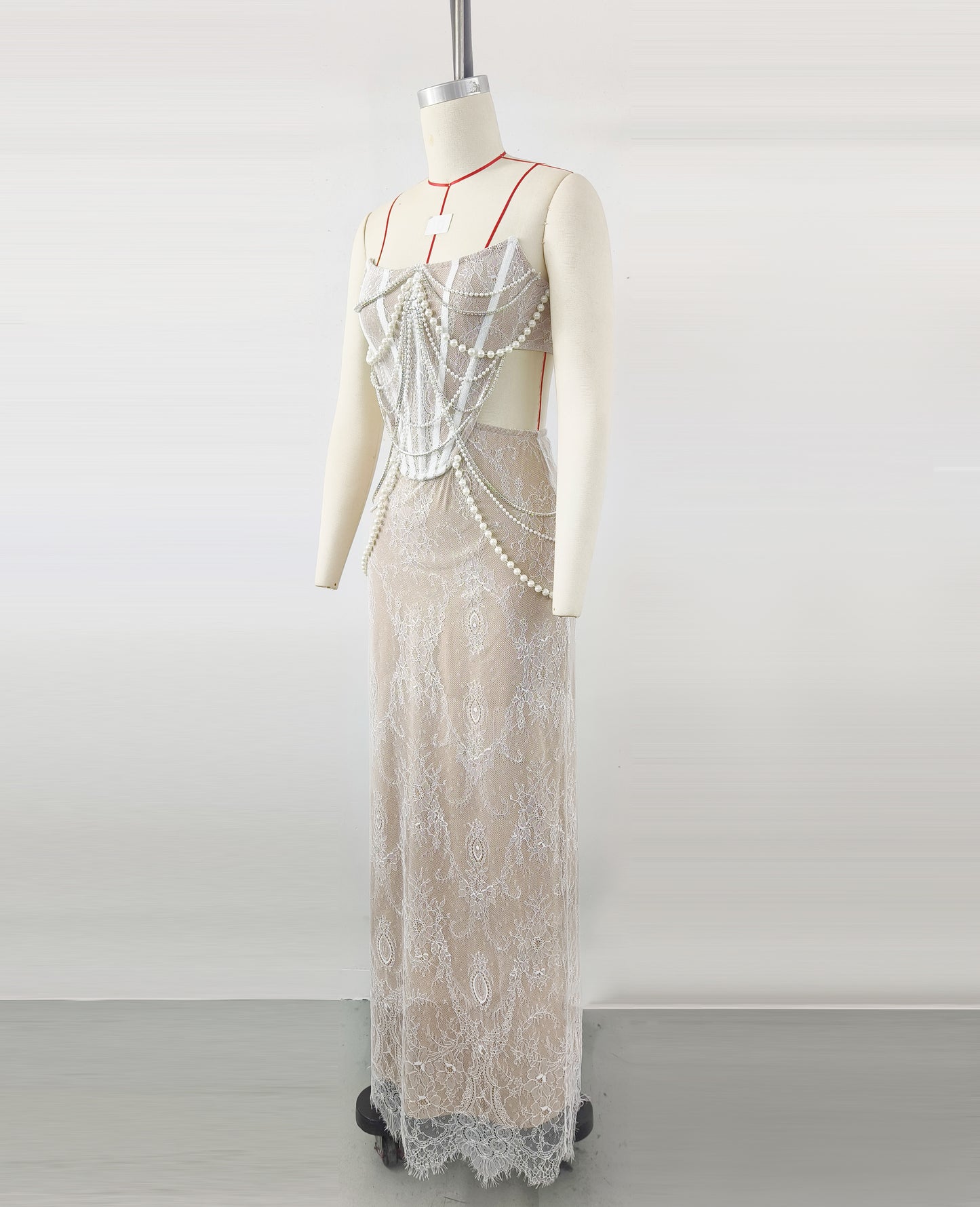 Pearl Chain Strapless Lace Cutout Evening Gown