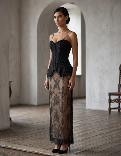 Women's Black Crystal Lace Two-Piece Set, Elegant Sexy Party Outfit