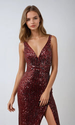 Long Burgundy Sequin Prom Dress: Ladivine J2392