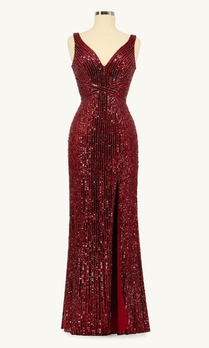Long Burgundy Sequin Prom Dress: Ladivine J2392