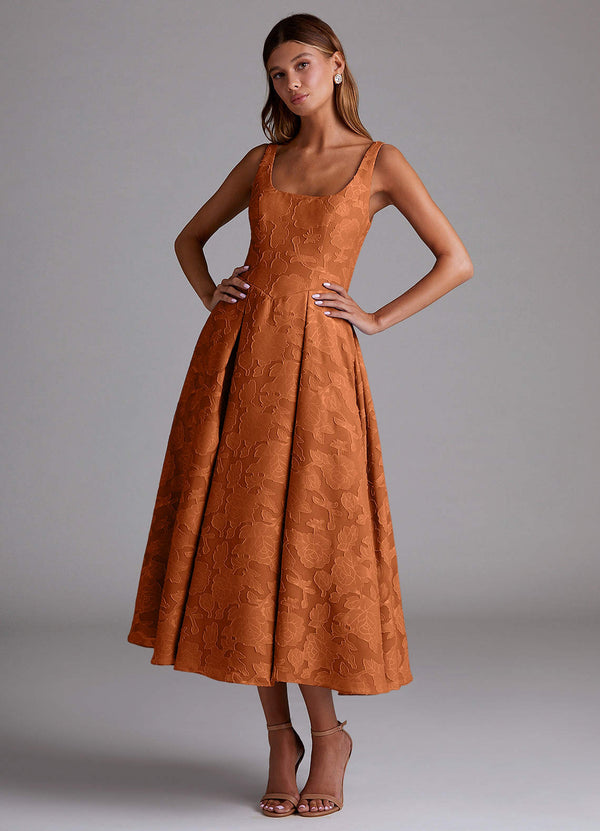 Copper Brocade Dress with Wrap - winter wedding guest outfit