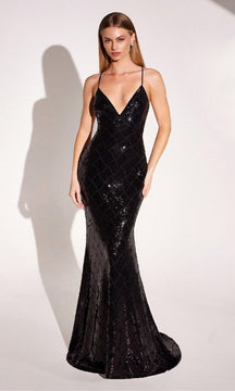 Sleek Long Black Sequin Prom Dress: Amoris T1001