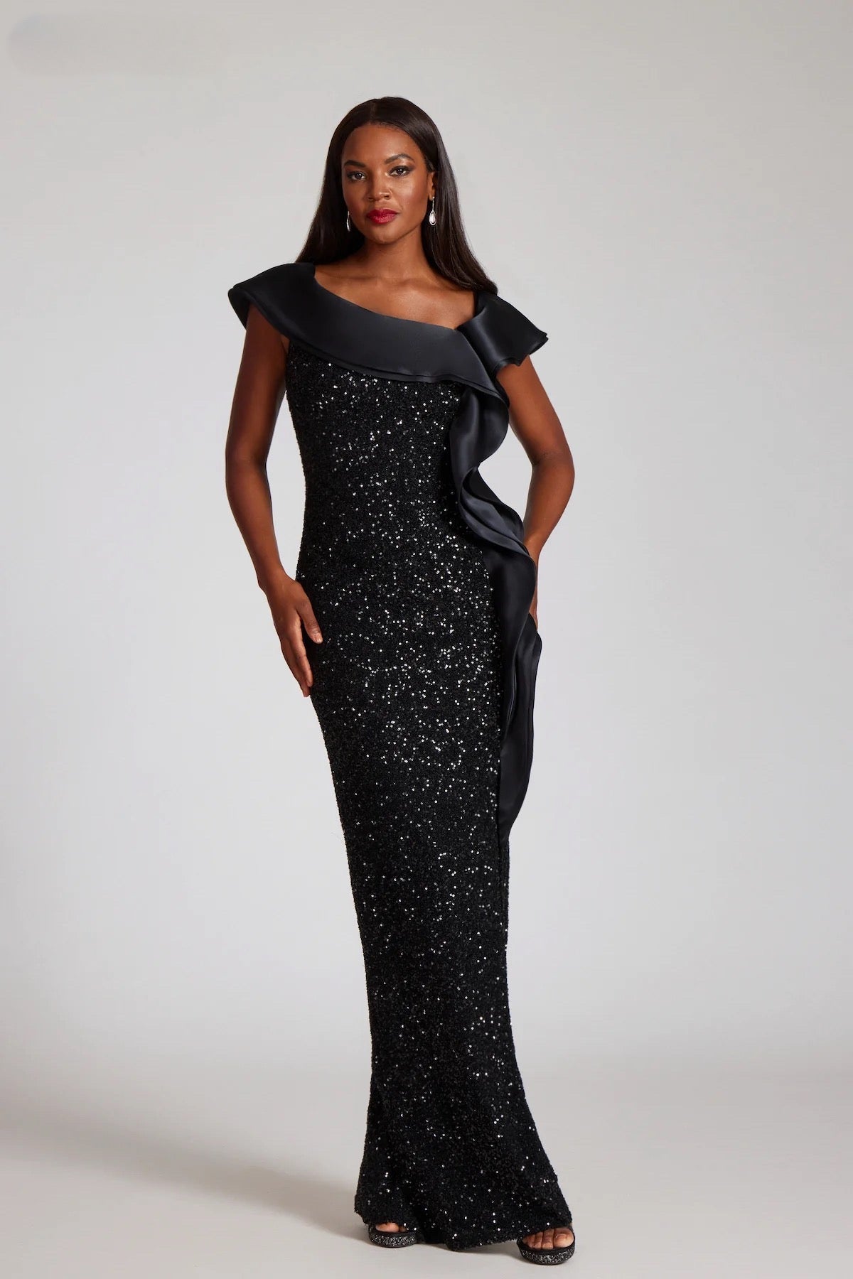 Teri Jon - 249006 - Sequin Off-the-Shoulder Evening Gown With Organza Ruffle