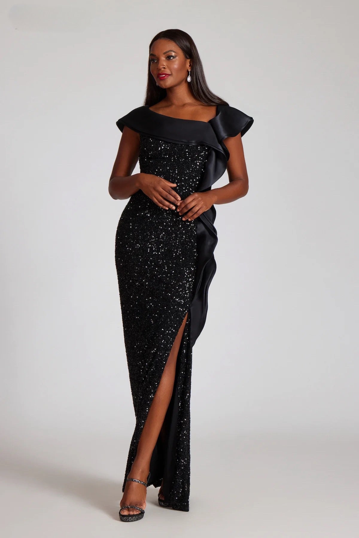 Teri Jon - 249006 - Sequin Off-the-Shoulder Evening Gown With Organza Ruffle