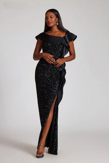 Teri Jon - 249006 - Sequin Off-the-Shoulder Evening Gown With Organza Ruffle