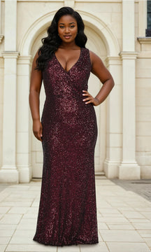 La Femme Plus-Size V-Neck Sequin Long Prom Dress